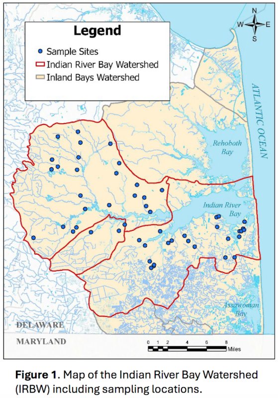 A map of the Indian River Bay watershed and the wells that were tested for the most recent reassessment. DNREC IMAGE